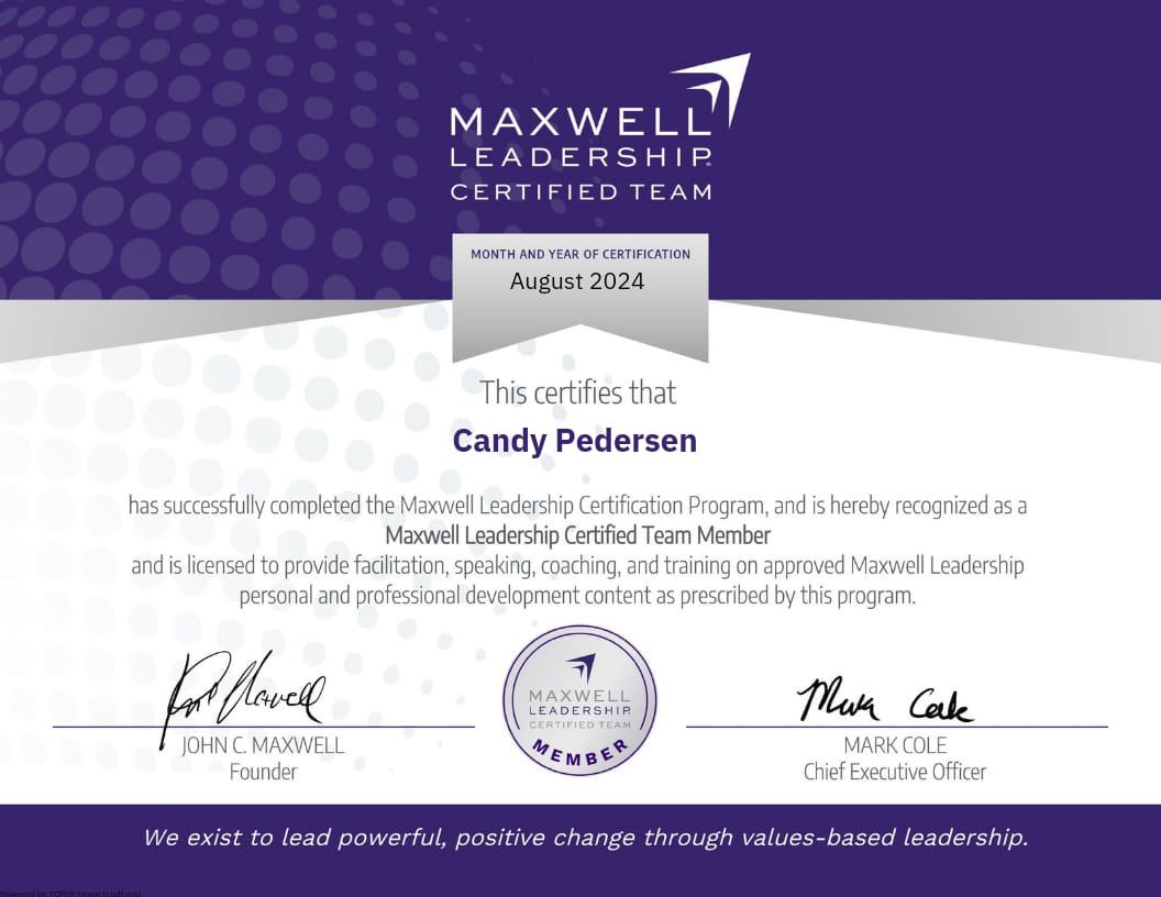 Maxwell Leadership Certified Team Member certificate for Candy Pedersen